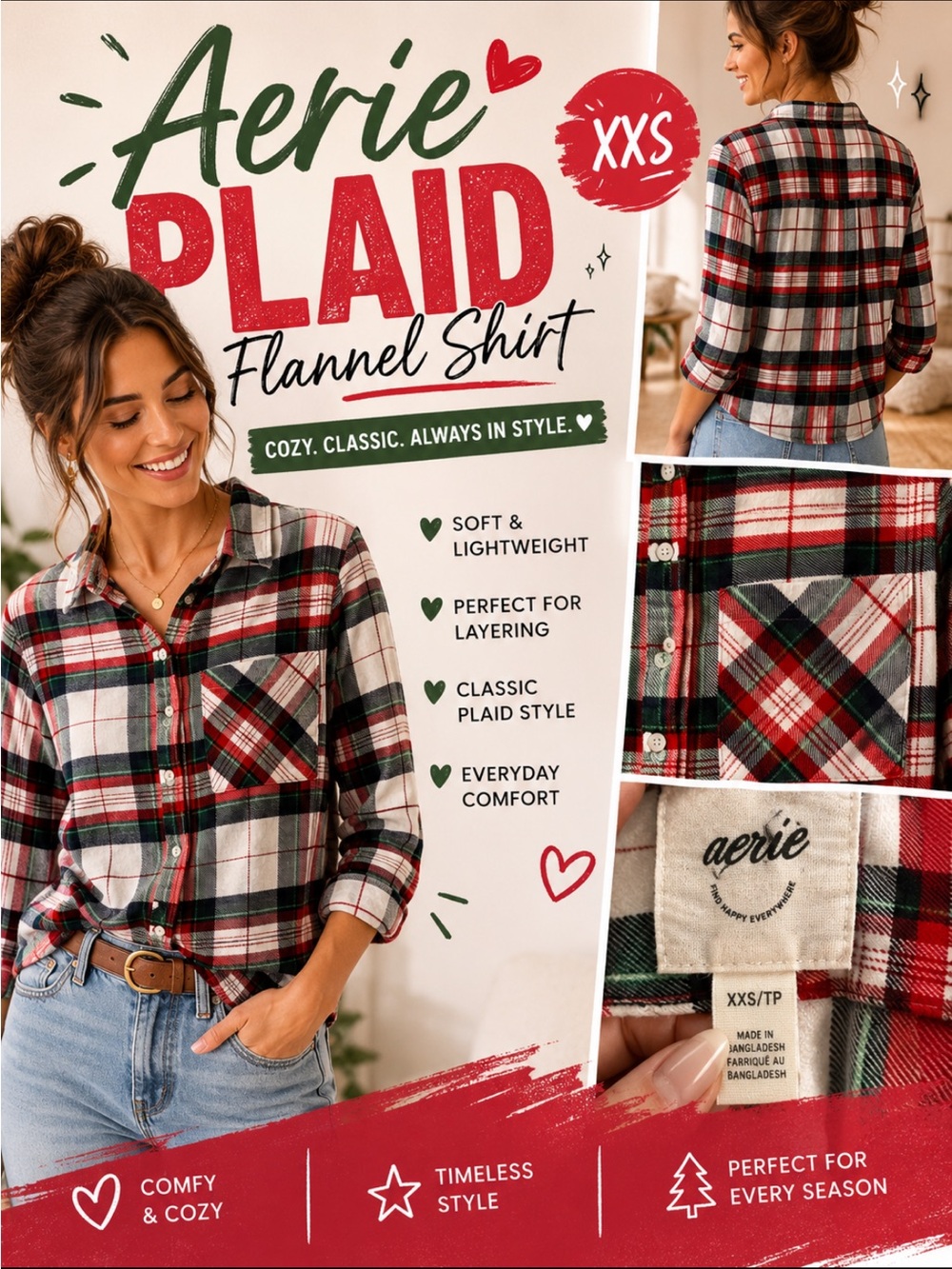 Aerie Plaid Flannel Shirt - Red, Green & White